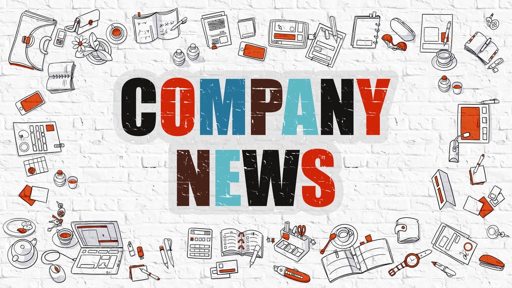 Company News. Multicolor Inscription on White Brick Wall with Doodle Icons Around. Company News Concept. Modern Style Illustration with Doodle Design Icons. Company News on White Brickwall Background.